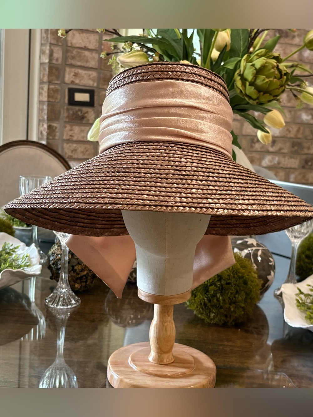 Eugenia Kim Wide Brim Straw Sun Hat with Pink Satin Wrap
